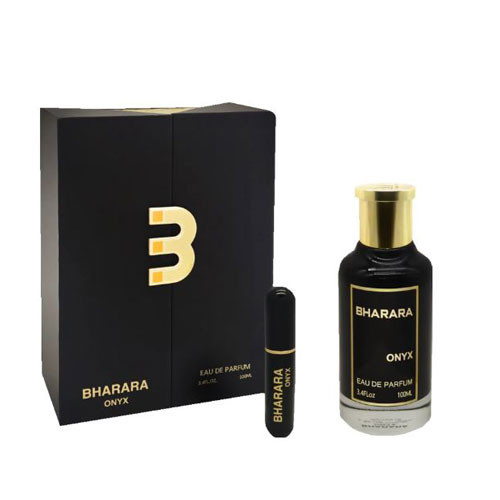 Perfumes Wholesale BHARARA ONYX MEN 3.4 OZ EDP in 100ml black bottle with gold accents and packaging.