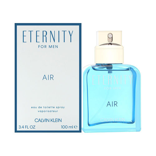 Perfumes Wholesale Calvin Klein Eternity Air Men 3.4 oz EDT spray bottle and box, blue liquid, white cap.