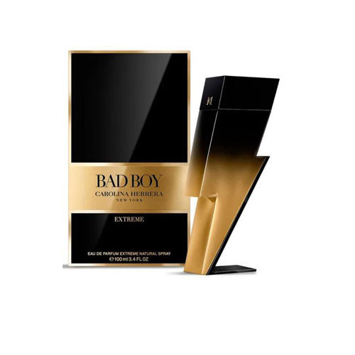 Perfumes Wholesale Carolina Herrera Bad Boy Extreme EDP 3.4oz perfume bottle and packaging, black and gold color.