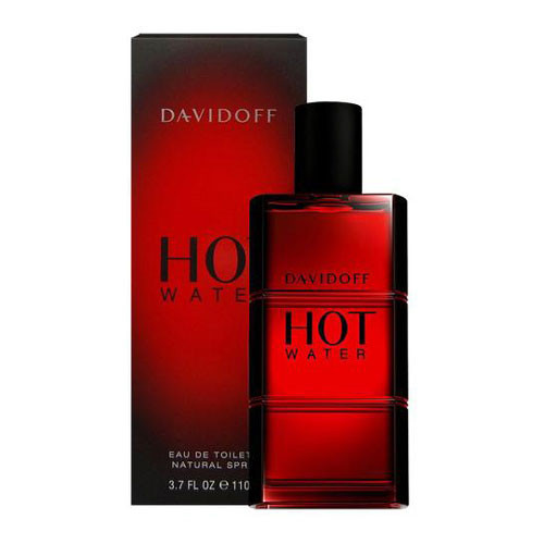Perfumes Wholesale Davidoff Hot Water Men 3.7 oz EDT perfume bottle and packaging, red glass, black cap.
