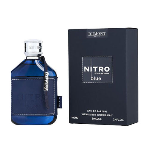 Perfumes Wholesale DUMONT NITRO BLUE MEN 3.4 EDP, 100 ML, dark blue bottle with silver cap and packaging.