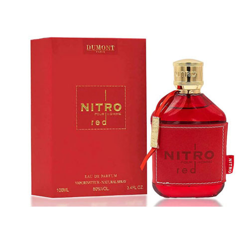 Perfumes Wholesale DUMONT Nitro Red men's 100ml EDP perfume bottle and box, gold cap, red liquid.