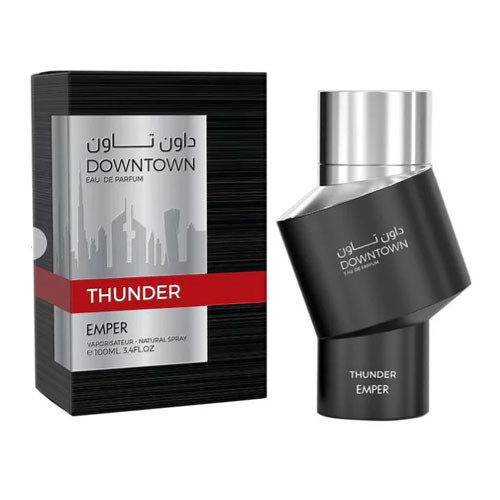 Perfumes Wholesale EMPER Downtown Thunder Men 3.4 oz EDP perfume bottle and packaging, black and silver design.