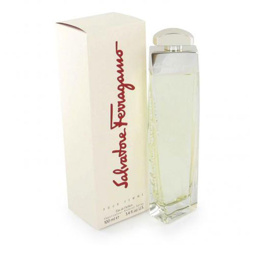 Perfumes Wholesale Ferragamo perfume bottle and box, 100ml, EDP, clear glass, white cap, red logo, cream box.