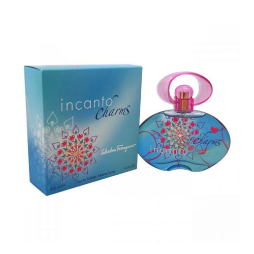 Perfumes Wholesale Ferragamo Incanto Charm women 3.4 oz EDT perfume bottle and box, 100ml, pink cap, blue design.
