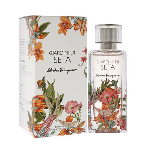 Perfumes Wholesale Ferragamo Giardini di Seta unisex 100ml perfume bottle and box with floral design.