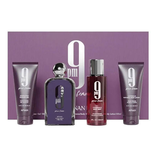 SET AFNAN 9PM FEMME  ( 4 PC ) 3.4 OZ EDP SP / 3.4 OZ SG / 3.4 OZ BL / 5.0 OZ BODY MIST / 6290171074250