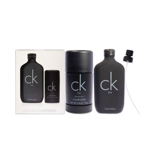 Perfumes Wholesale Calvin Klein CK Be Men gift set, 6.7oz EDT spray and 2.6oz deo stick, black bottles.