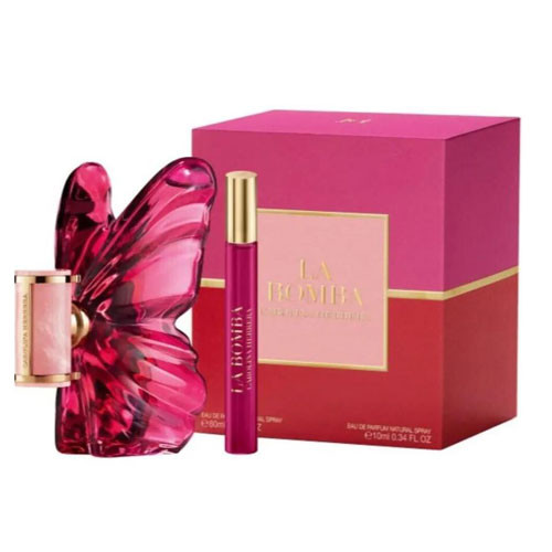 Perfumes Wholesale Carolina Herrera La Bomba Women 2pc gift set, 2.7oz EDP & 0.34oz EDP, pink butterfly bottle.