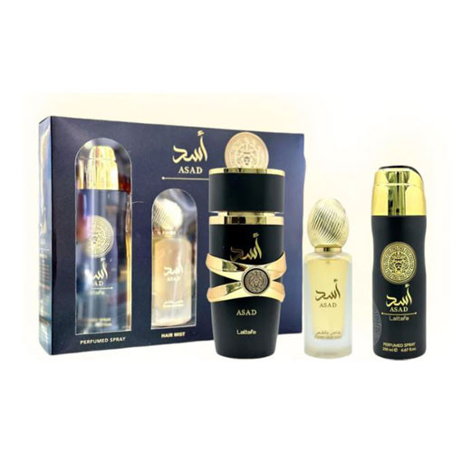 SET LATTAFA ASAD UNISEX ( 3 PC )3.4 OZ EDP / 6.7 OZ DEO / 1.7 OZ HAIRMIST / 6290362340126