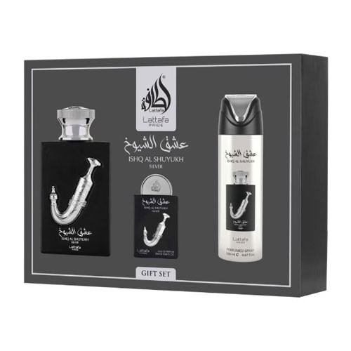 SET LATTAFA ISHQ AL SHUYUKH SILVER UNISEX ( 3 PC ) 3.4 EDP / 0.68 EDP / PERFUMED SPRAY 6.7 OZ  / 6290362346579