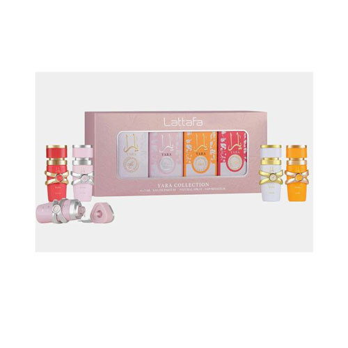 Perfumes Wholesale LATTAFA Yara Mini Collection gift set, 4 pcs, EDP, various colors, pink and orange packaging.