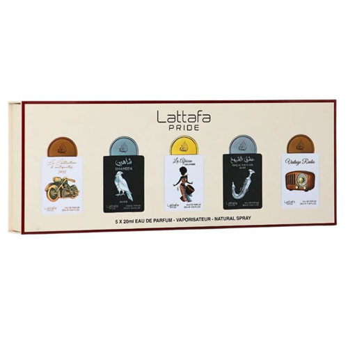 SET LATTAFA PRIDE X0.67 OZ ( 5 PC ) BIKE 1910 / SHAHEEN SILVER /AFRICAN DRUMMER /SHUYUKH SILVER/VINTAGE RADIO / 6290362348061