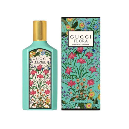 Perfumes Wholesale Gucci Flora Gorgeous Jasmine perfume bottle and box, 100ml, turquoise bottle with floral design and gold cap.