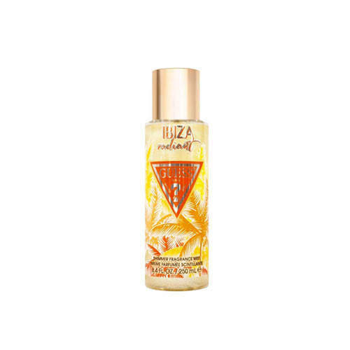 Perfumes Wholesale GUESS Ibiza Radiant Shimmer Body Mist, 8.4oz, gold and orange packaging, women's fragrance product.