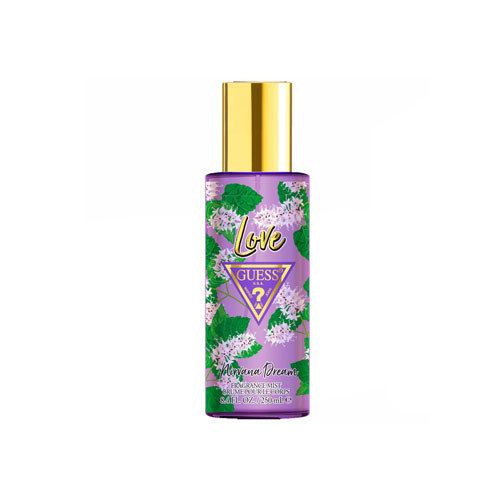 Perfumes Wholesale GUESS Love Nirvana Dream body mist bottle, purple with gold cap, floral design, 8.4 oz size.