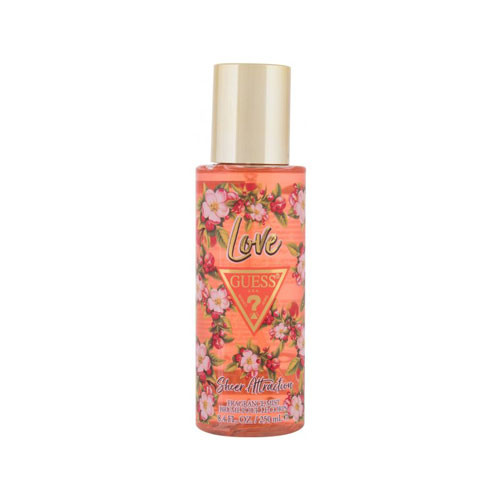 Perfumes Wholesale GUESS Love Sheer Attraction body mist for women, 8.4 oz, peach floral bottle, gold cap.
