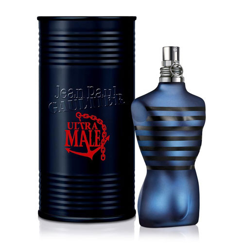 Perfumes Wholesale Jean Paul Gaultier Ultra Male Intense 4.2 oz EDP bottle and packaging, dark blue, 125ml.