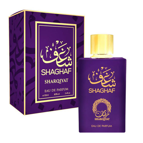 Perfumes Wholesale KHALIS Shaghaf Sharqiyat EDP perfume bottle and box, 100ml, purple and gold packaging.
