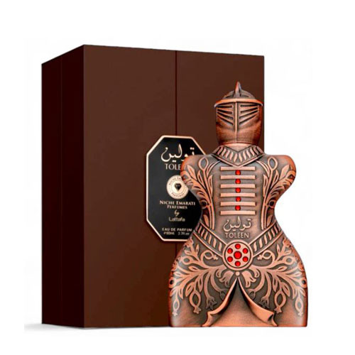 Perfumes Wholesale LATTAFA NICHE EMARATI TOLEEN UNISEX 2.7 OZ EDP perfume bottle in bronze knight armor design.
