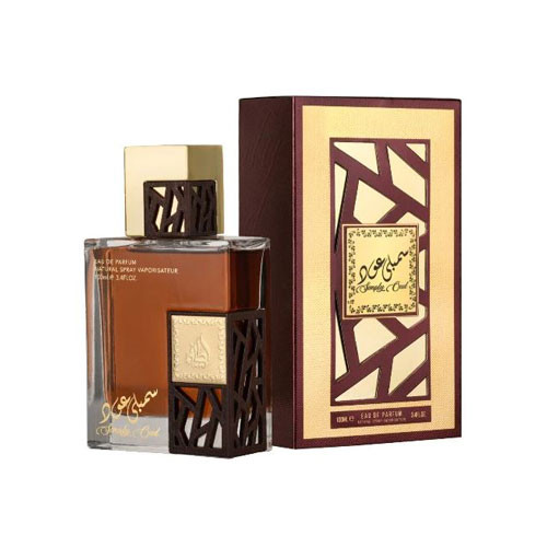 Perfumes Wholesale LATTAFA Simply Oud Men 3.4oz EDP perfume bottle and packaging, brown and gold, 100ml.
