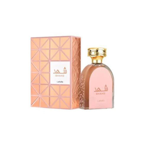 Perfumes Wholesale LATTAFA Shahd Unisex 3.4oz EDP perfume bottle 100ml with pink box and gold cap.
