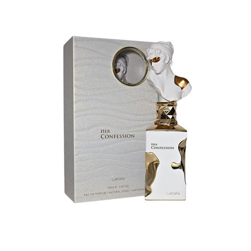 Perfumes Wholesale Lattafa Her Confession EDP perfume bottle 100ml white and gold packaging fragrance product.