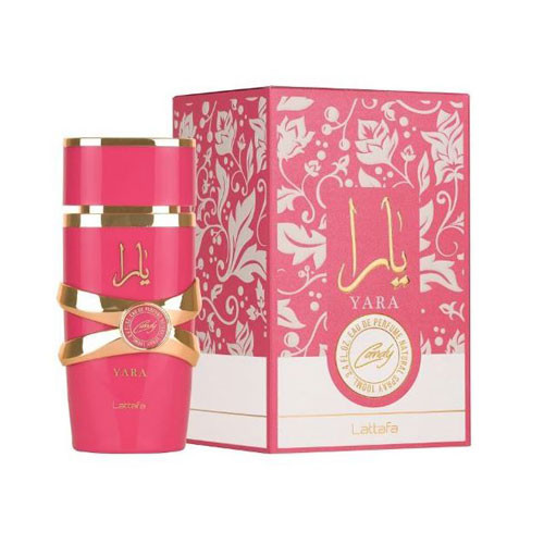 Perfumes Wholesale LATTAFA YARA CANDY WOMEN 3.4 OZ EDP pink perfume bottle and box packaging.