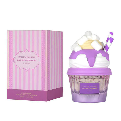 Perfumes Wholesale LATTAFA Give Me Gourmand Wall Of Madness unisex perfume 2.5 oz EDP in pink-purple cupcake bottle.