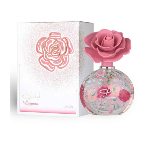 Perfumes Wholesale Lattafa Layaan EDP Spray, 2.5 oz, pink floral perfume bottle with rose cap and packaging.