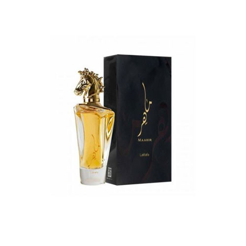 Perfumes Wholesale LATTAFA MAAHIR GOLD MEN 3.4 OZ EDP perfume bottle and box, gold horse design, 100ml.