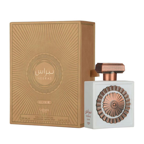 Perfumes Wholesale LATTAFA Nebras Elixir unisex perfume bottle 3.4oz EDP, white and copper, with brown packaging box.