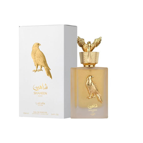 Perfumes Wholesale LATTAFA Pride Shaheen Gold unisex perfume bottle 100ml with box and golden falcon design.