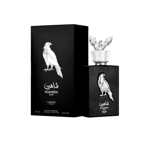 Perfumes Wholesale Lattafa Pride Shaheen Silver unisex 3.4 oz EDP perfume bottle and box with bird design.