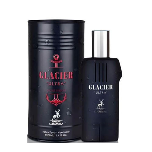 Perfumes Wholesale MAISON ALHAMBRA Glacier Ultra Men 3.4 OZ EDP bottle and packaging, 100ml, black and silver.