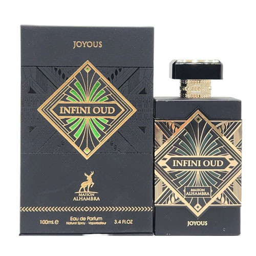 Perfumes Wholesale MAISON ALHAMBRA Infini Oud Joyous unisex perfume bottle and box 100ml EDP spray gold accents.