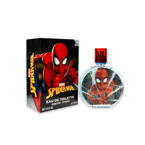 Perfumes Wholesale Marvel Spiderman EDT perfume bottle and box, 3.4 oz, 100ml, red and clear design.