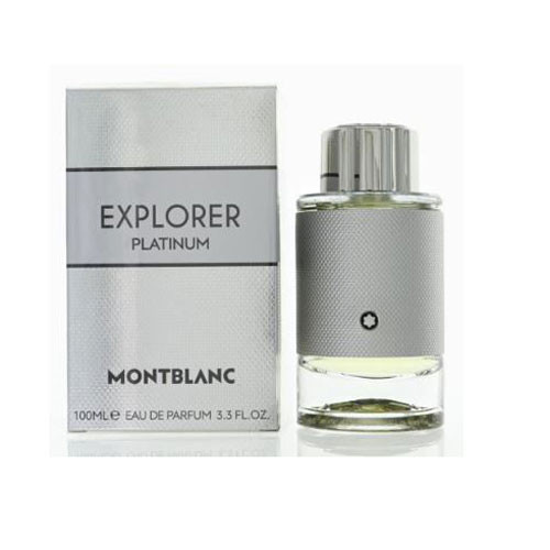 Perfumes Wholesale Montblanc Explorer Platinum men's 3.4oz EDP perfume bottle and box, 100ml, silver packaging.
