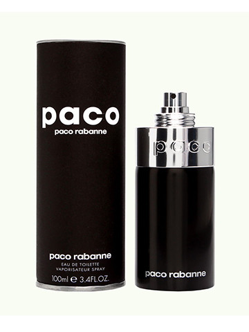 Perfumes Wholesale Paco Rabanne Paco unisex EDT 3.4oz black bottle and packaging with silver accents shown.