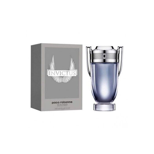 Perfumes Wholesale Paco Rabanne Invictus EDT 6.8oz 200ml men's fragrance bottle and packaging silver and blue.