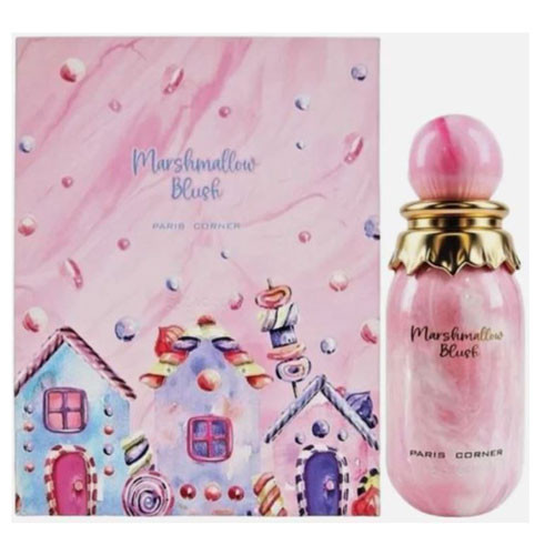 Perfumes Wholesale PARIS CORNER MARSHMALLOW BLUSH 3.4 OZ EDP perfume bottle and pink packaging with houses.