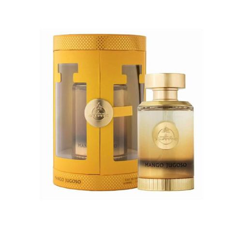 Perfumes Wholesale PARIS CORNER MANGO JUGOSO 100ml EDP unisex perfume bottle and yellow cylindrical packaging.