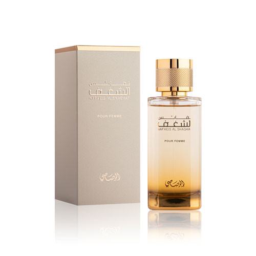 Perfumes Wholesale RASASI Nafaeis Al Shaghaf Women 3.4oz EDP perfume bottle and box, 100ml, gold cap, clear glass.