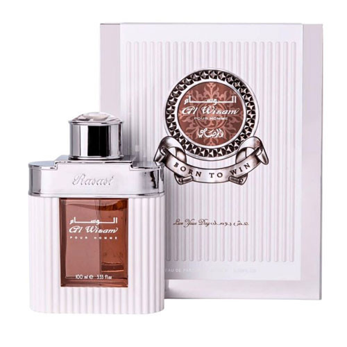 Perfumes Wholesale RASASI Al Wisam Day Men EDP perfume bottle 100ml with packaging on white background.