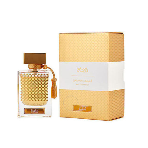 Perfumes Wholesale RASASI Qasamat Bareeq unisex perfume bottle 60ml EDP with golden packaging and white label.