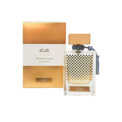 Perfumes Wholesale Rasasi Qasamat Rasana Unisex 2.1 oz EDP perfume bottle and box, 60ml, gold and clear.