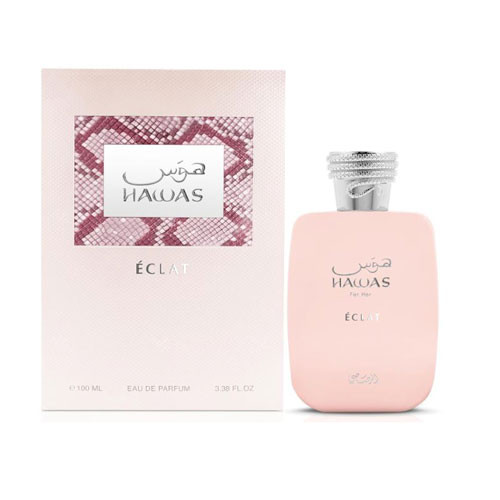 Perfumes Wholesale RASASI Hawas Eclat Women 3.38oz EDP perfume bottle and box, pink, 100ml, Rasasi brand.