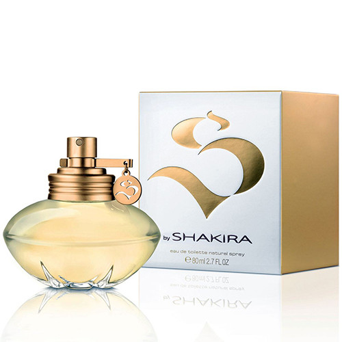 Perfumes Wholesale Shakira S Woman 2.8 oz EDT perfume bottle and packaging, 80ml, gold and white design.