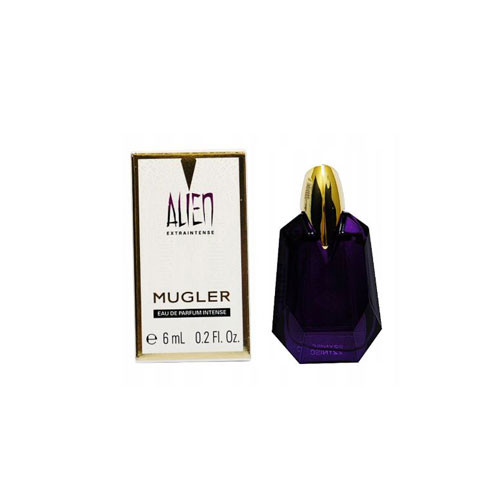 Perfumes Wholesale Thierry Mugler Alien Extrait Intense Women 6ml EDP purple bottle with gold cap and packaging.