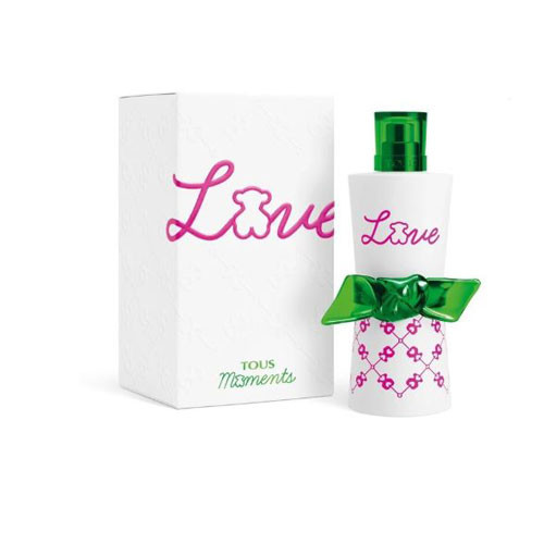 Perfumes Wholesale TOUS Love Moments Women 3.0oz EDT perfume bottle and box, 100ml, green cap, pink flowers.